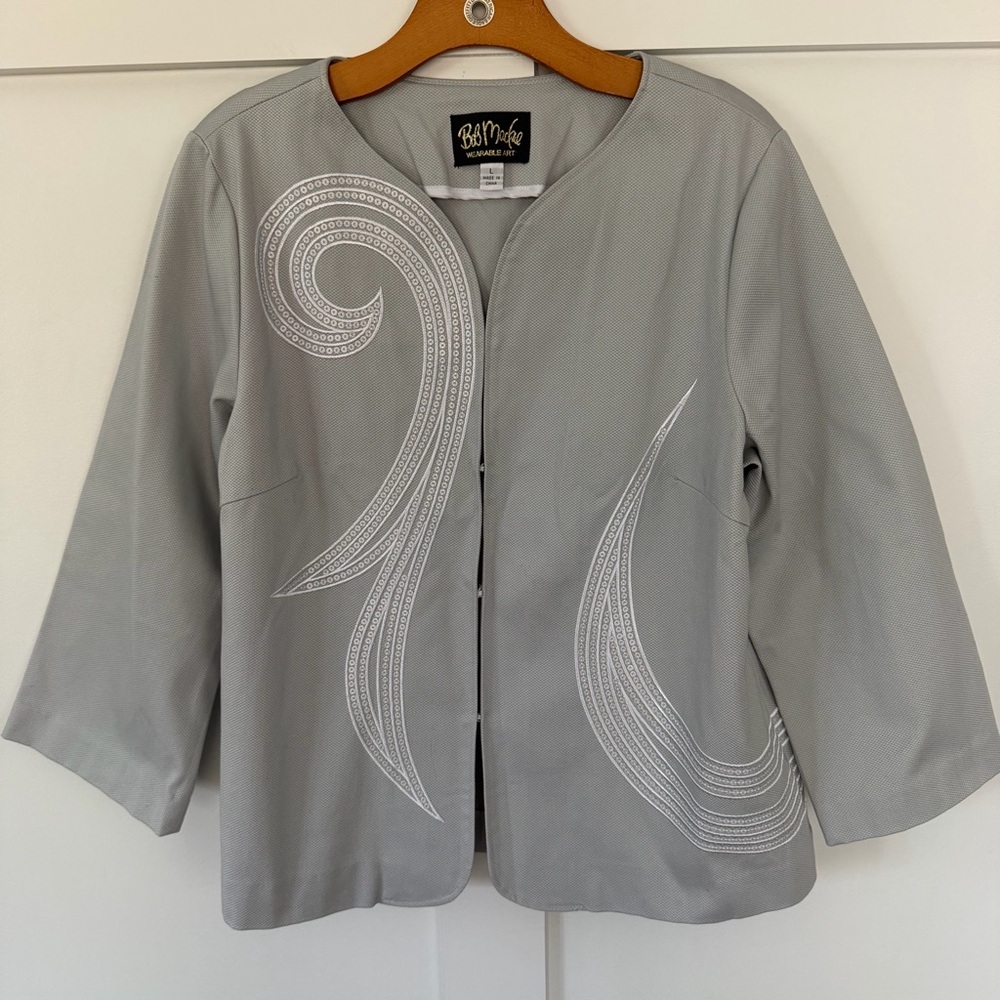 Bob Mackie Wearable Art Gray Cotton‎ Embroidered Sequin Women's Jacket Vintage L